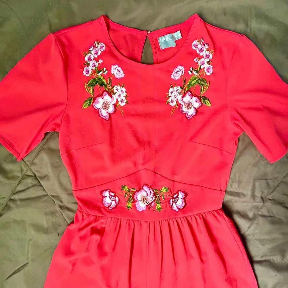 ASOS Red, Pink Floral Embroidered Wide-Leg Jumpsuit, Size 4 - Picture 2 of 9